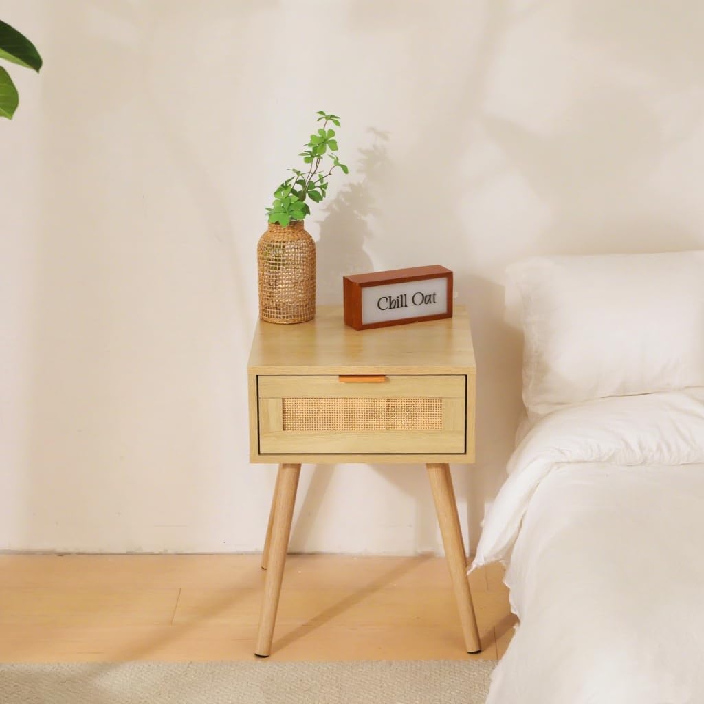 FUQARHY Rattan Nightstand Set of 2, Boho Side Table with Drawer, Mid Century Modern, End Table with Wood Legs for Bedroom, Dorm and Small Spaces FUQARHY
