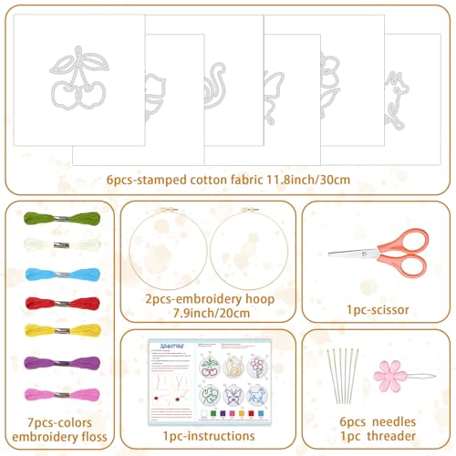 BEUNITONE Abstract Animal Embroidery Kit, 6PC Modern Line Art Needlepoint Kits with Hoops, Instructions, Threads, DIY Craft for Adults Beginners, Home Decor, Hand Embroidery Patterns for Gifts