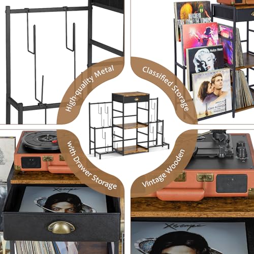 Record Player Stand with Vinyl Storage, Record Player Table with 8-Tier Vinyl Display Holder, Vinyl Record Stand Storage Up to 200 Albums, Turntable Stand with Metal Frame, End Table for Living Room ThreeHio