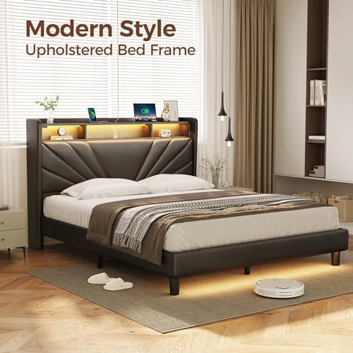 Rolanstar Full Size Bed Frame, Storage Headboard with Charging Station and LED Lights, Upholstered Bed with Heavy Duty Wood Slats, No Box Spring Needed, Noise Free, Easy Assembly, Black Rolanstar
