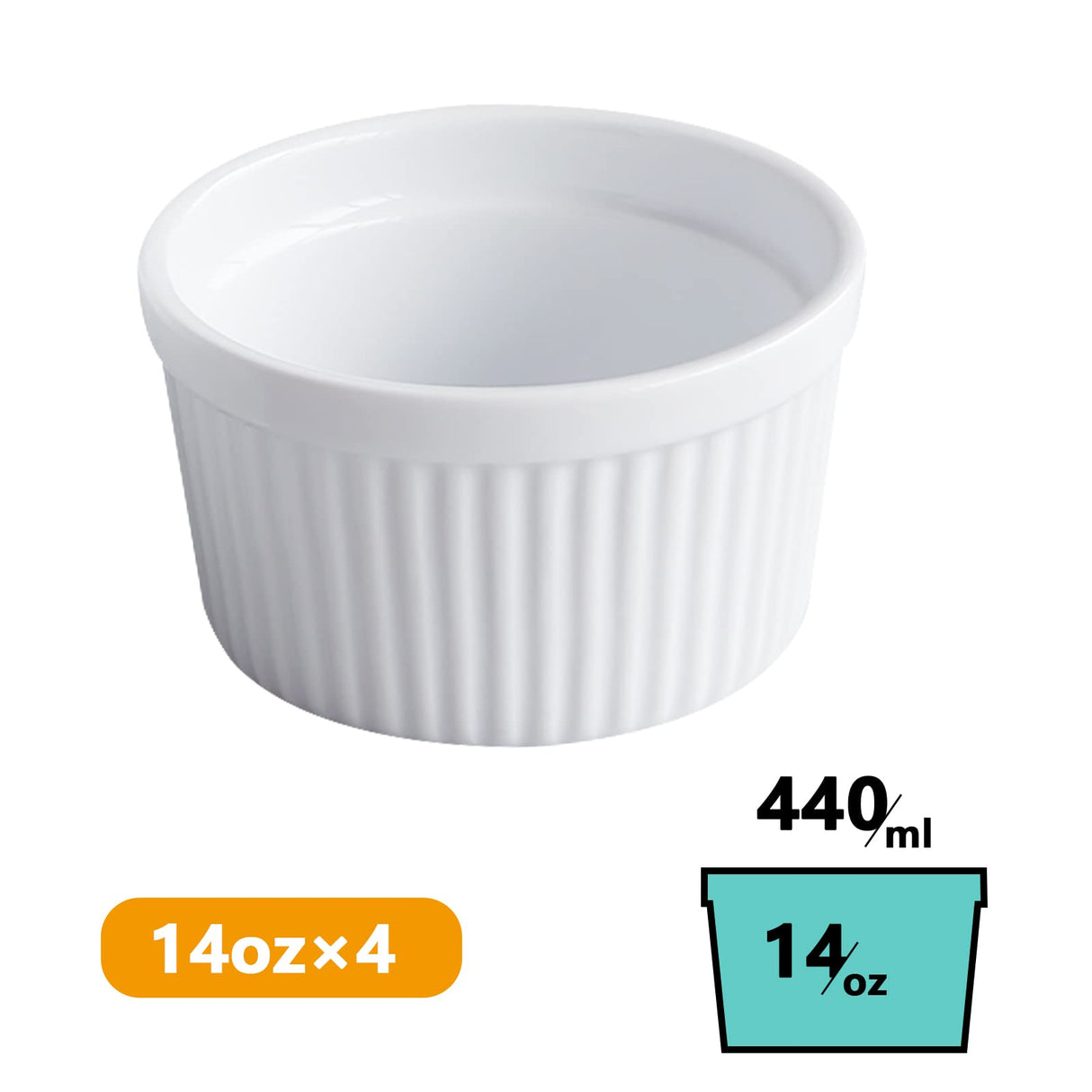 Cinf White 14 oz Set of 4 Souffle Dishes Ramekins Oven Microwave Safe Bowls Creme Brulee Set Sauce Cups for Baking Cooking Dessert Porcelain Pudding Cups Cinf