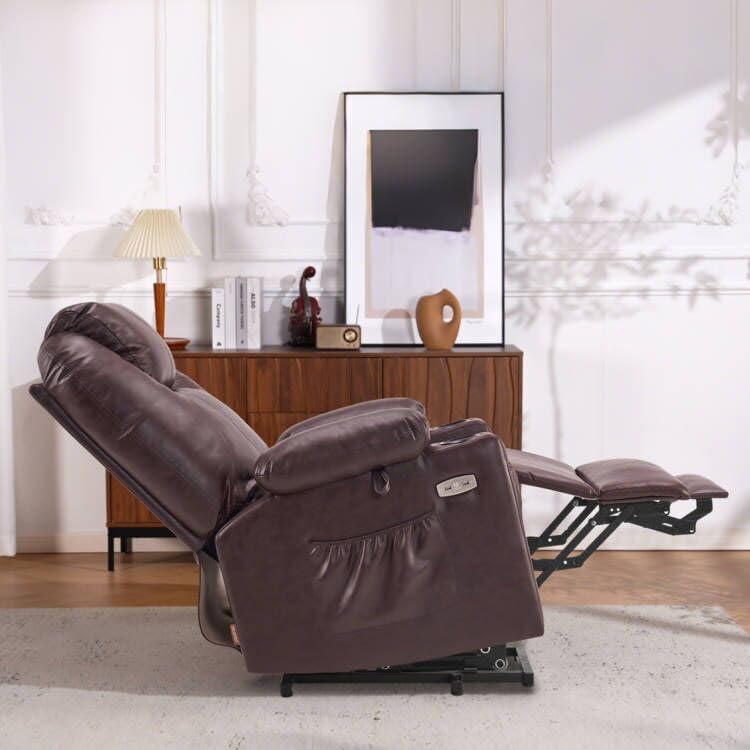 MCombo Large Power Lift Recliner Chair with Massage and Heat for Tall Elderly People, 3 Positions, Cup Holders, and USB Ports, Faux Leather 7516 (Large, Dark Brown) MCombo