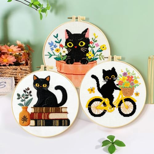 LSLFQYQSK Beginners Embroidery Kits - Cute Kitten DIY Cross Stitch Kits,Including,Stamped Flower Patterns,Hoop,Color Threads,Tools (Style C)