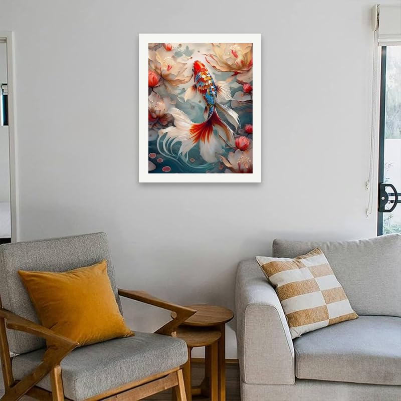 Nature Art Paint by Numbers Kit for Adults - DIY Koi Fish and Lotus Flowers Painting on Canvas 16x20 Inches, Acrylic Paint Set, Suitable for Beginners, Peaceful Art for Home Decoration/Gifts TAOPAOLAB