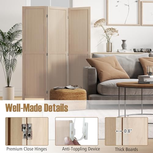 COSTWAY 3 Panel Folding Room Divider, 67" Rubber Wood Privacy Screen for Room Separation, Freestanding Hinged Partition Wall Divider for Bedroom, Living Room, Kitchen, Home Office, Restaurant COSTWAY