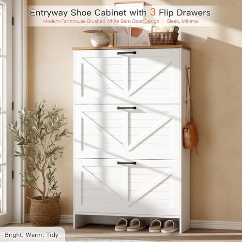 Nicetree Shaker Barn Door Shoe Cabinet, 3 Flip Drawers & 3Tier Adjustable Shelves, Ultra Slim Freestanding, Modern Rustic Brushed White Farmhouse Shoe Rack for Entryway, Hallway, Foyer & Mudroom White Nicetree