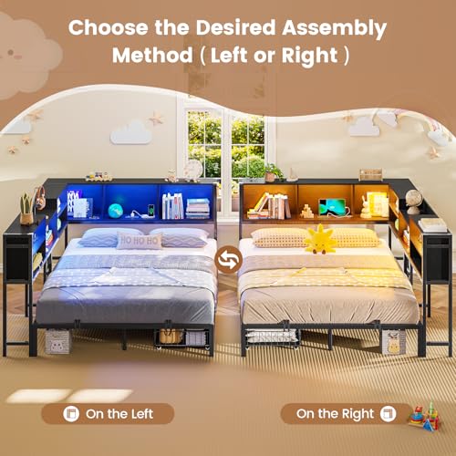 Hasuit Corner Bed Frame Full with 2 Drawers and Storage Bookcase, Daybed with Charging Station and LED Lights, Metal Platform Bed with Bookshleves, Full Size Bed Frame for Kids Teens Guests, Black Hasuit