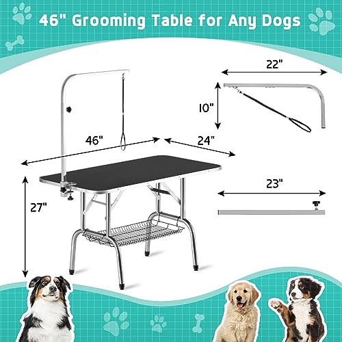 Polar Aurora 46'' Dog Grooming Table, Heavy Duty Pet Grooming Table for Dogs at Home Foldable Grooming Table w/Adjustable Arm & Noose & Mesh Tray Professional Dog Show Stainless Steel Black Polar Aurora