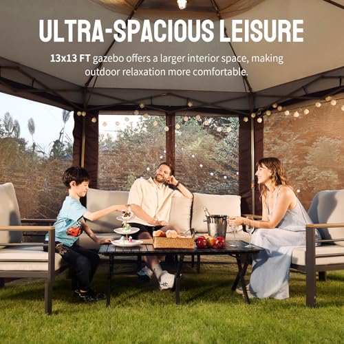 CROWN SHADES 13x13 Pop Up Gazebo with Mosquito Nettings, Patented Center Lock 6-Sided Portable Gazebo, 300D Silver-Coated Fabric UV Resistant, Pop Up Canopy Tent for Patio, Party, Beige&Coffee CROWN SHADES
