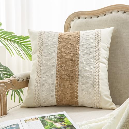 Mayler Yee Throw Pillow Covers 16 x 16 Inch 1PC for Farmhouse Living Room, Cotton & Burlap Textured Striped Woven Boho Pillow Covers (Beige & Brown, Single Striped) Mayler Yee