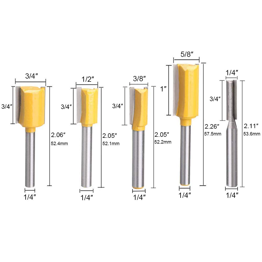 Bestgle Set of 5 Piece Straight Dado Router Bit Set ,Double Flute Straight Bit Carbide Wood Milling Cutter Woodworking Tools, Cutting Diameter 1/4",3/8",1/2",5/8",3/4"(Yellow, 1/4-Inch Shank ) Bestgle