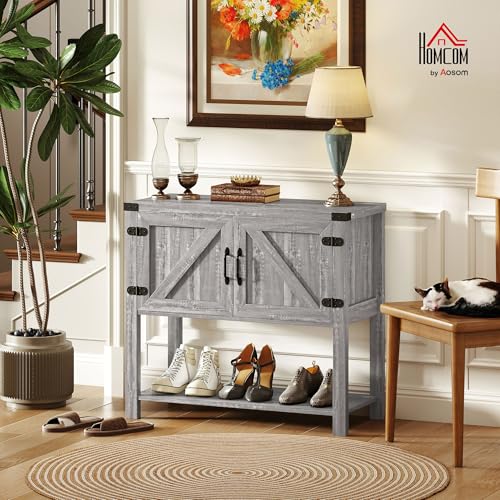 HOMCOM Farmhouse Double Door Coffee Bar Cabinet, Console Table, Sideboard Buffet Cabinet with Bottom Shelf for Entryway, Living Room, Stone Gray HOMCOM