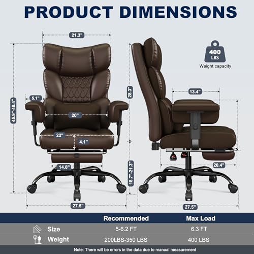 Misolant Big and Tall Office Chair with Footrest, High Back Executive Desk Chair with Adjustable Lift Armrest, 155°Recline,Lumbar Support Pillow, Faux Leather Gaming Chairs for Home or Office Brown Misolant