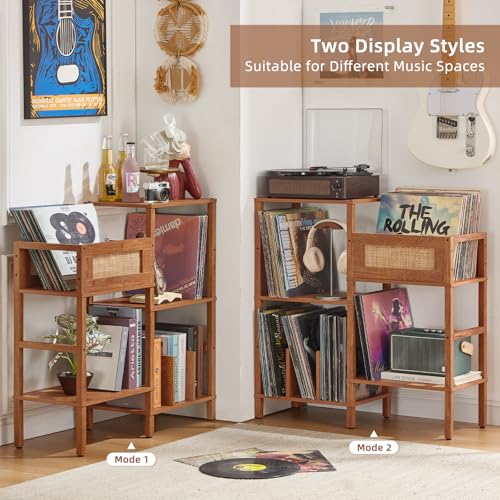 LELELINKY Record Player Stand, Brown Wood Record Holder with Vinyl Storage Holds up to 300+ Albums, 3-Tier Rattan Media Table with Vinyl Display Shelf, Record Storage Cabinet for Living Room LELELINKY