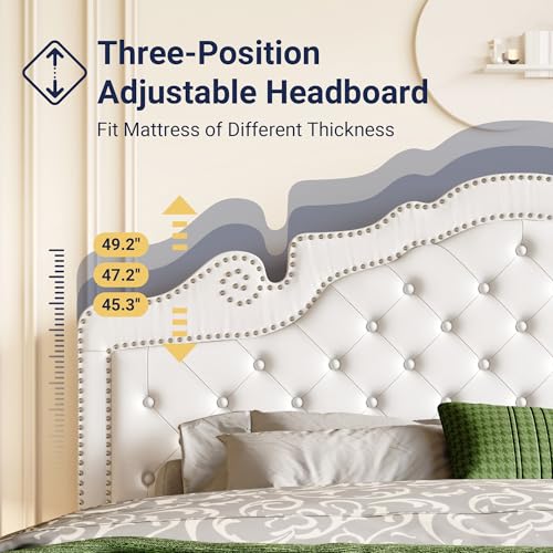 Allewie King Bed Frame with Adjustable Velvet Tiara Headboard, Upholstered Diamond Button Tufted Platform Bed, Wood Slats Support, No Box Spring Needed, Mattress Foundation, Easy Assembly, White Allewie