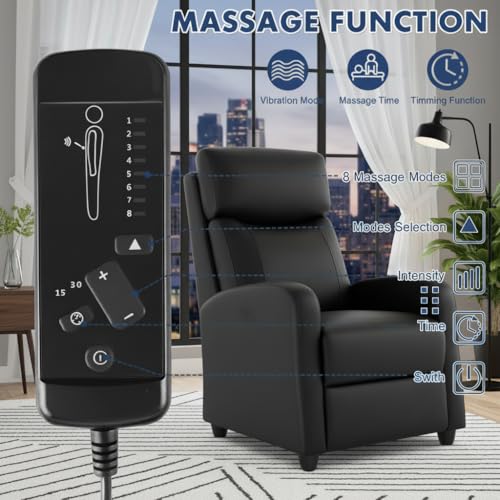 Simple Deluxe Massage Recliner Chair - Adjustable PU Leather Recliner, Luxe Reading Chair & Sofa Chair for Living Room Chairs or Bedroom Chair, Small Recliner for Home Theater, Black Simple Deluxe
