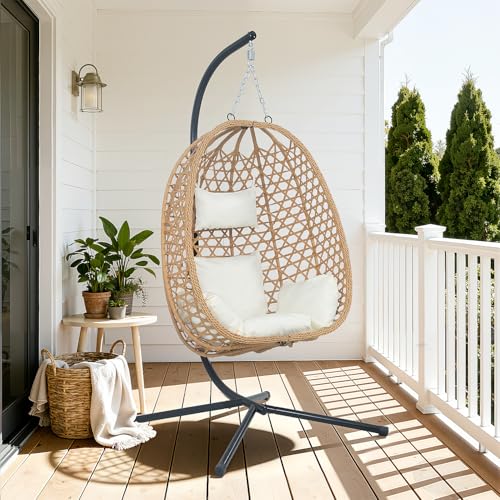 EortheX Hanging Egg Chair with Cushions – Comfortable Rattan Swing Chair with Stand for Patio, Garden, or Balcony – Stylish and Relaxing Outdoor Lounge Chair, 350LBS Capacity Indoor Outdoor (Beige) EortheX outdoor fancy