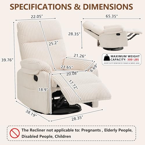 Beige Rocking Chair Nursery Recliners, Small Recliner Rocking Chair for Small Spaces, Manual Swivel Glider Recliner for Living Room Bedroom Office, Corduroy,Adjustable Backrest & Footrest (Beige)