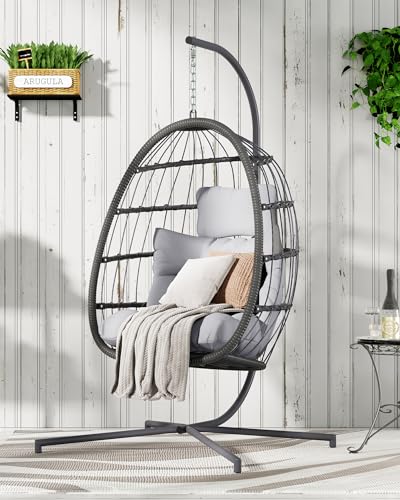 HWB Hanging Egg Chair with Stand, Patio Wicker Egg Swing Chair with Cushion for Bedroom Garden Indoor Outdoor (Grey) HWB