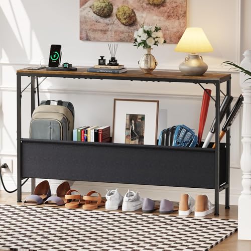 Asgolion Console Table, Narrow Sofa Table, 47.2" Behind Couch Table with Power Station, Entrance Table, for Living Room, Hallway, Entryway, Foyer, Rustic Brown Asgolion
