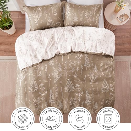 Love's cabin Light Taupe Twin Comforter Set - Twin XL Size Dorm Bedding, 2 Pieces Cute Floral Bedding Comforter Set, Soft Reversible Flowers Comforter, 1 Comforter & 1 Pillow Sham Love's cabin