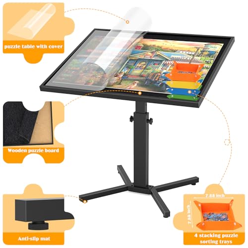 1500 Piece Jigsaw Puzzle Table with Legs,28"x35" Large Puzzle Table for Adults,Adjustable height &12 tilt angles,Wooden Jigsaw Puzzle Board with 4 Puzzle Sorting Trays & Cover,Birthday Gift for Family HEBESPACE