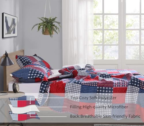 Jessy Home Plaid Quilt Set Twin Bedspread Coverlet Set Red Blue White Patchwork Twin Size Quilt Set Bedding Soft Lightweight Quilts Coverlet Country Reversible Quilt Bed Spread with 2 Pillow Shams Jessy Home