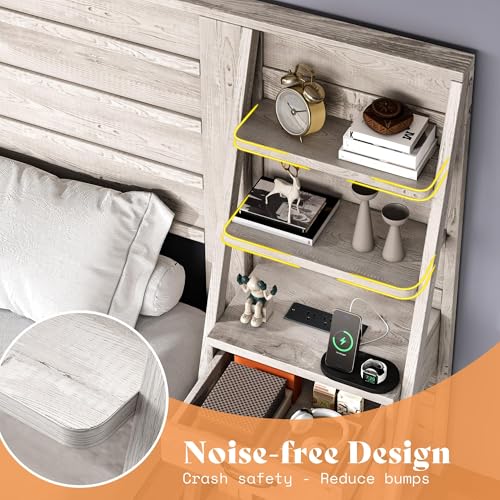 LUXOAK Full Bed Frame with Bookcase Headboard & 4-Tier Bedside Shelf, Farmhouse Platform Bed with Charging Station and 2 Drawers, Noise-Free, No Box Spring Needed, Rustic White LUXOAK
