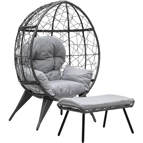 YITAHOME Egg Chair with Ottoman Outdoor Egg Lounge Chair with Cushion Wicker Chair PE Rattan Chair Footrest Included for Patio, Garden, Backyard, Porch, Gray