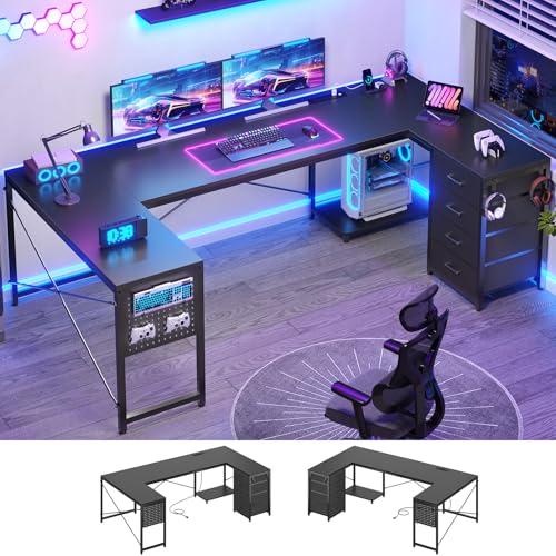 SEDETA 67" U Shaped Desk with 4 Fabric Drawers, Reversible Corner Computer Desk with Power Outlet & CPU Shelf, L Shaped Office Desk with Pegboard for Home Office, Black SEDETA