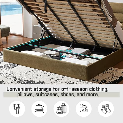 Zanmintaobo Lift Up Storage Bed King Size, Upholstered Platform Bed with Hydraulic System & Wood Slats Support, King Bed Frame with 3-Panel Headboard, No Box Spring Needed, Easy Assembly, Green Zanmintaobo