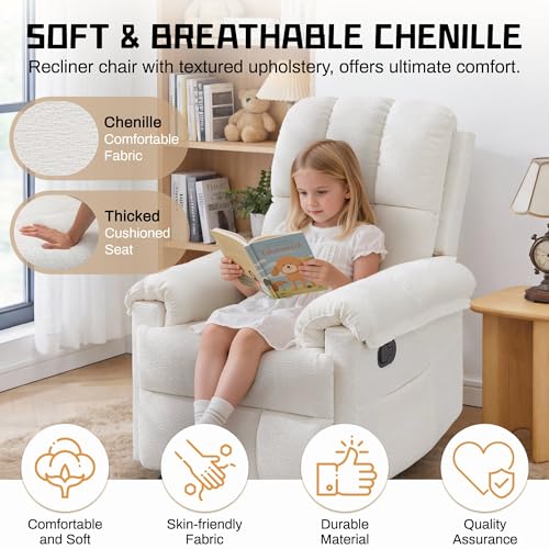 Korser Recliner Chair, Living Room Recliner Chairs for Adults, Small Recliners for Small Spaces, Upholstered Manual Recliner with Side Pockets, Modern Nursery Chair for Living Room, Chenille, Beige