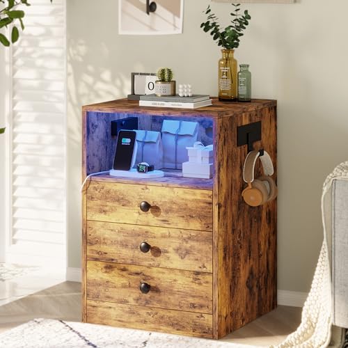 LIKIMIO Nightstand with Charging Station and 3 Drawers, LED Lights End Side Table with Interchangeable sockets and Hooks, Vintage Brown LIKIMIO