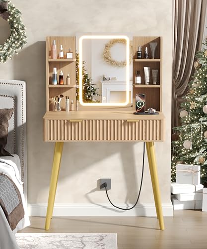 Zeibospri 29.5" Small Makeup Vanity with Adjustable Light Mirror, Fluted Vanity Table with 2 Drawer & 4 Open Storage Shelf, 3 Light Modes and Brightness, for Woman and Girls, Bedroom,Natural Oak Zeibospri