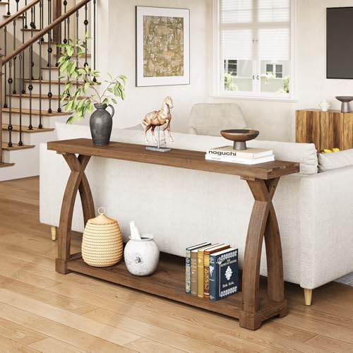 Tribesigns 63-Inch Narrow Solid Wood Console Table, Farmhouse Entryway Table Behind Sofa with 2-Tier Storage for Entrance, Foyer, Living Room, Dark Brown Tribesigns