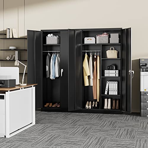 Greenvelly Metal Storage Cabinet with 2 Doors, Black 72” Steel Storage Wardrobe Cabinet, Employees Locker Closet Clothing Coat Steel Wardrobe Cabinet with Hanging Rod for Garage, Gym, Home Office Greenvelly