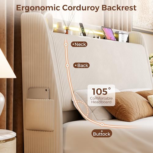 Jocoevol Upholstered Full LED Bed Frame with Hidden Storage Headboard and Charging Station, Corduroy Platform Bed with Wingback, Heavy Duty Wood Slats, No Box Spring Needed, Noise-Free, Beige Jocoevol