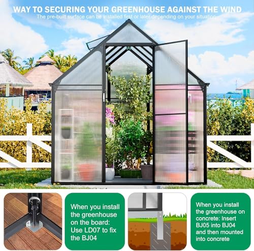Polycarbonate Greenhouse, 8.2x6.2 FT Easy Assembly Aluminum Heavy Duty Greenhouses for Outdoors w/ Window, Swing Door, Walk-in Green House for Sunroom,Outside, Backyard, Garden, Black CDCASA