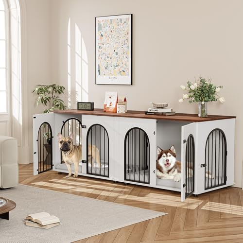 71" Large Dog Crate Furniture for 2 Dogs, Wooden Double Dog Crate, Indoor Dog Kennel TV Stand with Divider and Cushion for Large Medium Dogs, White/Brown GarveeLife