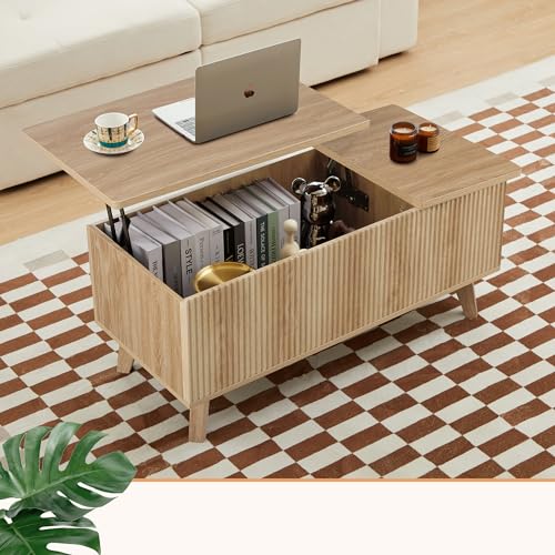 Wooden Fluted Lift Top Coffee Table with Hidden Compartment, Modern Rectangle Center Tables with Adjustable Storage Shelf, Lift Tabletop Dining Table for Home Living Room Office(Natural) XUZENEST