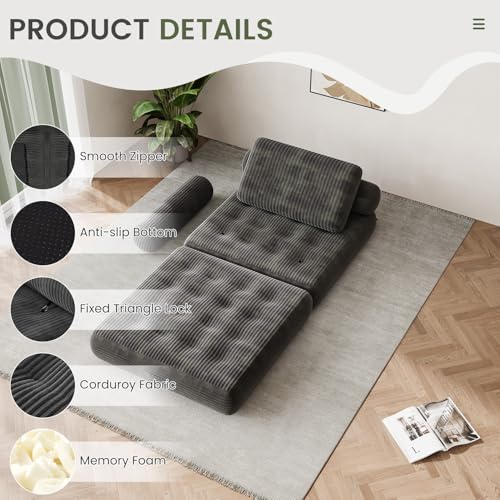 DSNAPE 35" Folding Sofa Bed, 5-in-1 Convertible Sleeper Chair Floor Mattress with Removable Armrest, Boneless Couch in a Box Fold Out Futon Lounge Chair Bed for Dorm Bedroom Small Space - Grey, Single DSNAPE