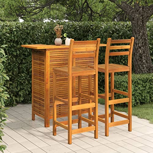 vidaXL Solid Acacia Wood Patio Bar Set - 3 Piece Outdoor Dining Ensemble with Oil Finish, Elegant 2 Shelf Bar Table, and Comfortable Stools vidaXL