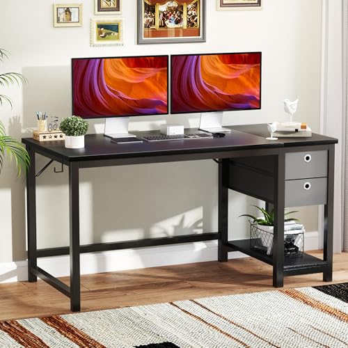 DUMOS Computer Desk with 2 Drawers, 48x24 Inch Office Desks with Shelf, Gaming Work Study Vanity Table with Storage 2-Tier Drawer for Living Room Bedroom Small Spaces,Dark DUMOS