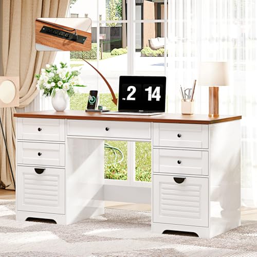 Ieejdn 59" Home Office Desks, Executive Desk, Farmhouse Computer Desk with 7 Drawers and Charging Station, File Drawer, Rustic Computer Writing Desk,Antique Cream Ieejdn