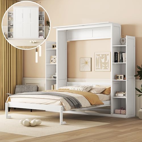 HABITRIO Queen Size Murphy Bed, Wooden Queen Murphy Bed Wall Bed with LED Lights and Shelves, White HABITRIO