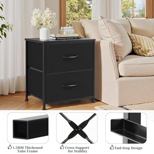 Nightstand, Small 2 Drawer Dresser End Table Bedside Furniture, Wooden Top Fabric Bins for Bedroom, Closet, Entryway, Dorm, 11.8" D x 18" W x 20", Black SageNest