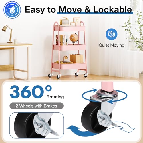 OLIXIS 3 Tier Utility Rolling Cart, Metal Mobile Storage Shelf with Lockable Caster Wheels, Organization for Livingroom, Bathroom & Narrow Places, Pink OLIXIS