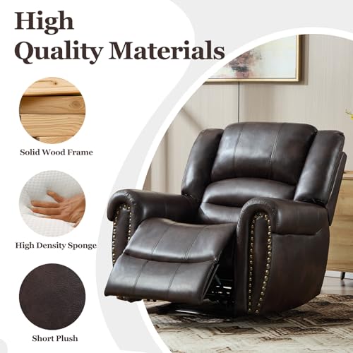 CANMOV Rocker Recliner Chair, Leather Recliner Chair with Overstuffed Backrest and Armrests, Manual Single Sofa for Living Room,Bedroom, Dark Brown