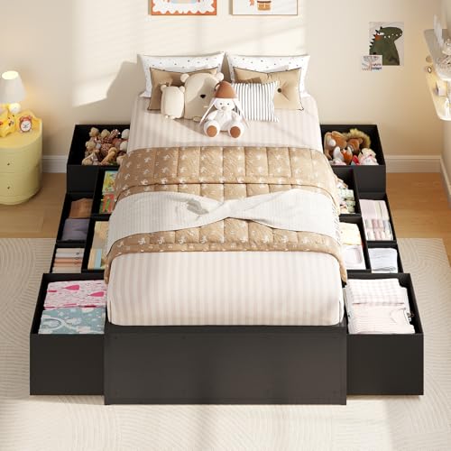 ADORNEVE Twin Bed Frames with 12 Storage Drawers, Metal Bed Frame Twin with Steel Slat Support, Footboard, Platform Bed for Kids,Teens, No Box Spring Needed, Easy Assembly, Noise-Free,Black ADORNEVE