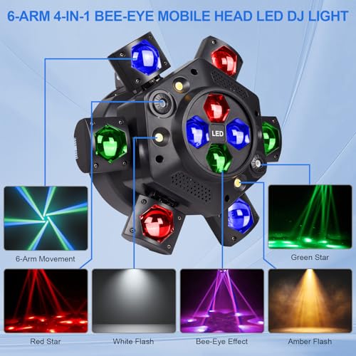 Moving Head DJ Lights, 150W RGBW LED Moving Head Lights, 6 Arms Party Light, 4 in 1 Bee-Eyes Effect Light, Red Green Starry, White & Amber Strobe, Support DMX-512 & Remote for Party Bar Disco Club DJ Lumvraneo